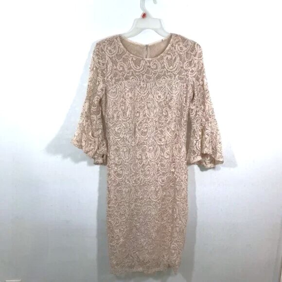 Marina Bell Sleeve Dress Blush Size 6 Sequins Lace - Picture 3 of 10